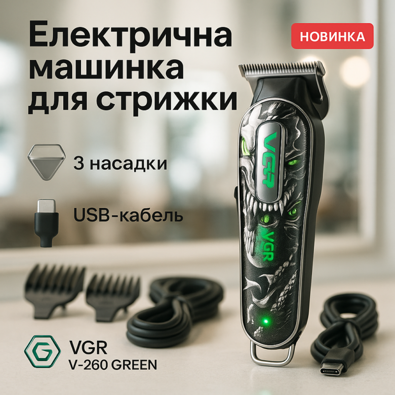 Тример VGR V-260 GREEN — потужний інструмент для догляду за бородою та вусами.