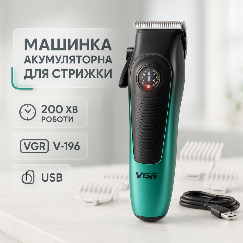 Акумуляторна машинка для стрижки VGR V-196 GREEN — до 200 хвилин безперервної роботи