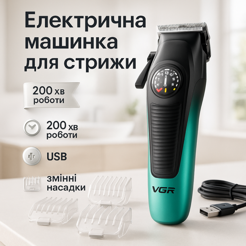 Акумуляторна машинка для стрижки VGR V-196 GREEN — до 200 хвилин безперервної роботи