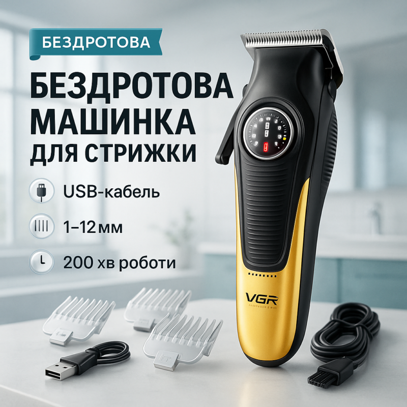 Акумуляторна машинка для стрижки VGR V-196 GOLD — безперервна робота до 200 хвилин