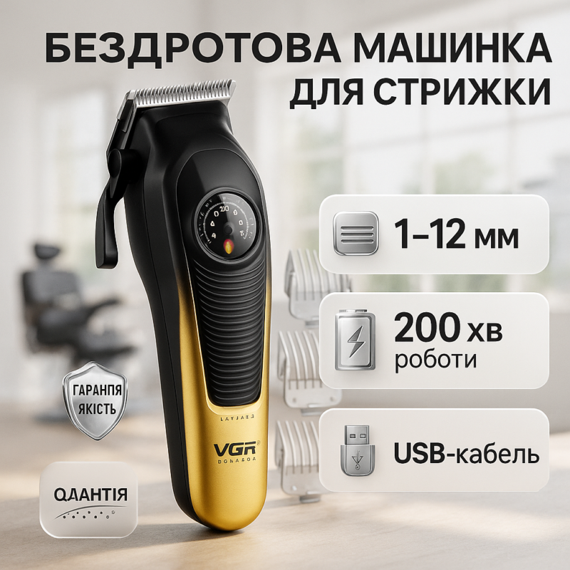 Акумуляторна машинка для стрижки VGR V-196 GOLD — безперервна робота до 200 хвилин