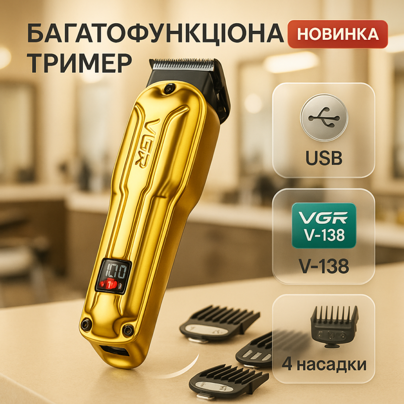 Акумуляторна машинка для стриження VGR V-138 GOLD з LED-дисплеєм та безщітковим мотором для професіоналів