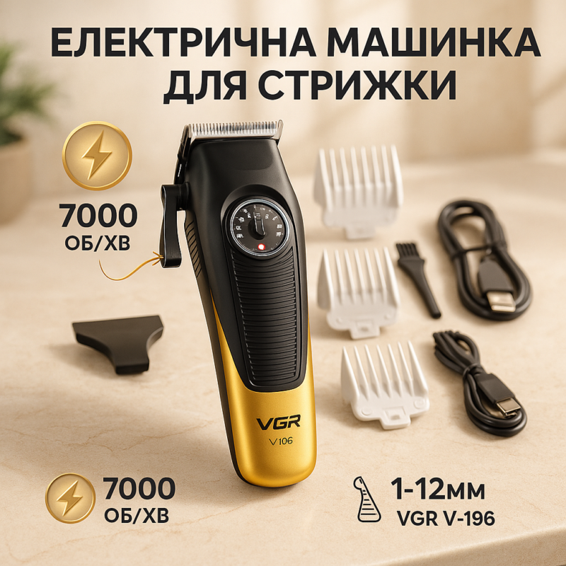 Акумуляторна машинка для стрижки VGR V-196 GOLD — безперервна робота до 200 хвилин