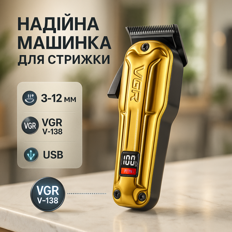 Акумуляторна машинка для стриження VGR V-138 GOLD з LED-дисплеєм та безщітковим мотором для професіоналів