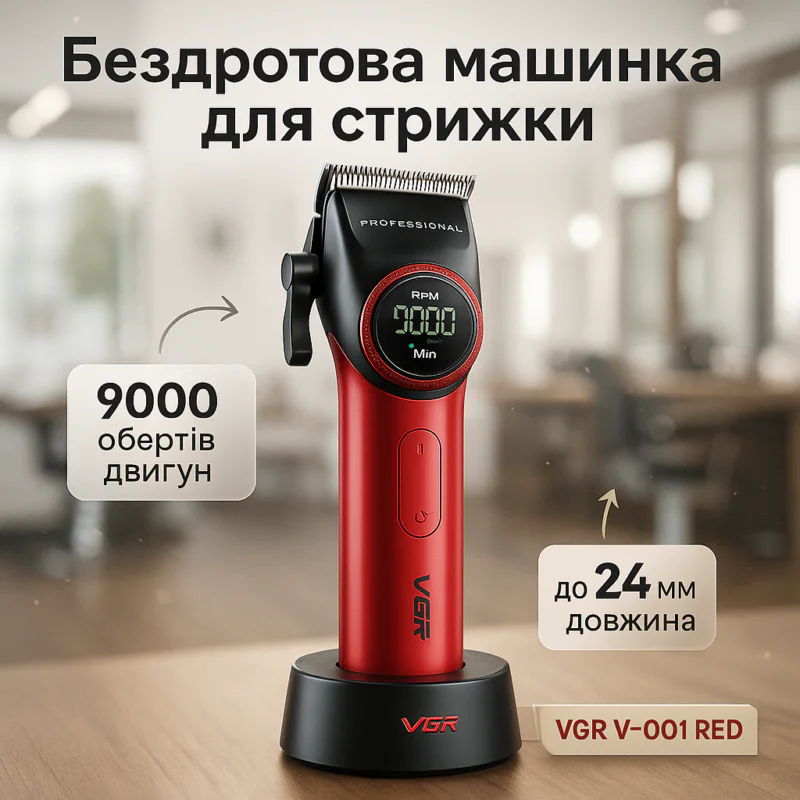 Професійна машинка для стрижки VGR V-001 RED з дисплеєм 9000 об 10 насадками 1,5-24 мм