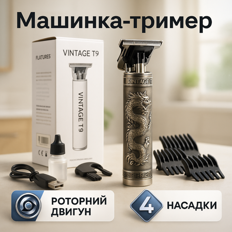 Машинка для стрижки волосся Vintage T9-1 BRONZE — створюйте ідеальні зачіски легко та швидко.
