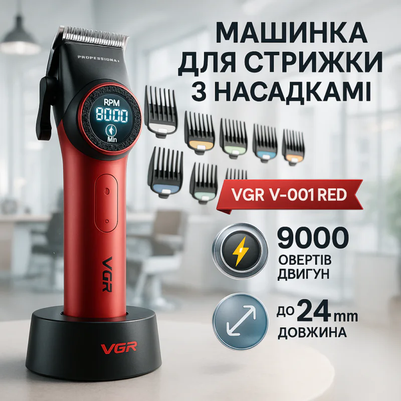 Професійна машинка для стрижки VGR V-001 RED з дисплеєм 9000 об 10 насадками 1,5-24 мм