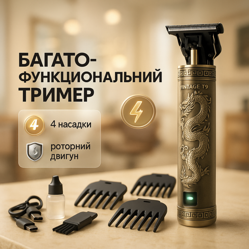 Машинка для стрижки волосся Vintage T9-1 BRONZE — створюйте ідеальні зачіски легко та швидко.
