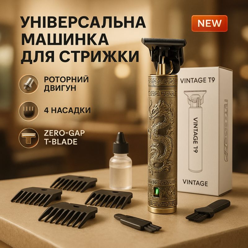 Машинка для стрижки волосся Vintage T9-1 BRONZE — створюйте ідеальні зачіски легко та швидко.