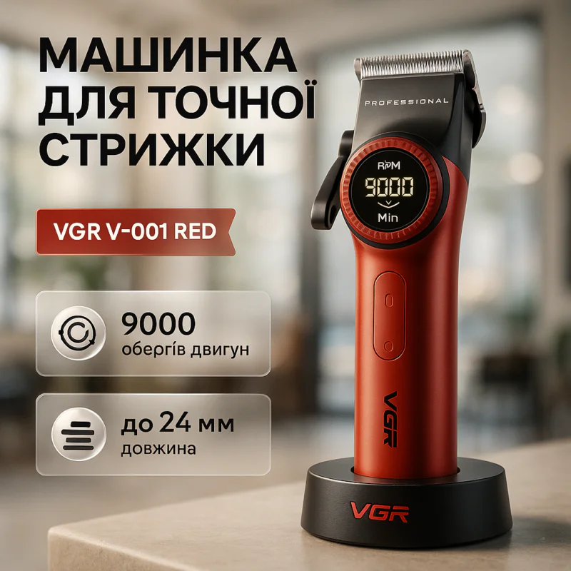 Професійна машинка для стрижки VGR V-001 RED з дисплеєм 9000 об 10 насадками 1,5-24 мм