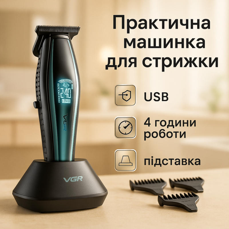 Машинка для стрижки волосся VGR V-992 GREEN з потужним мотором для професійних результатів.