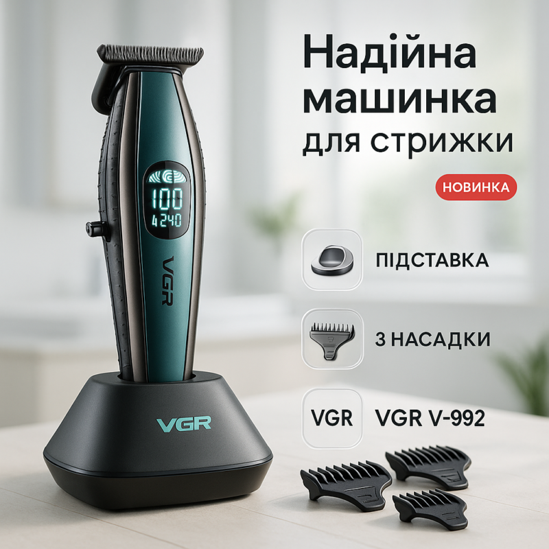 Машинка для стрижки волосся VGR V-992 GREEN з потужним мотором для професійних результатів.