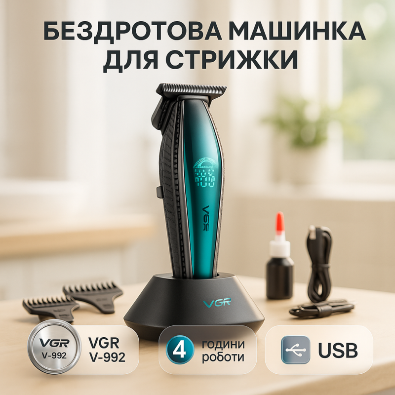 Машинка для стрижки волосся VGR V-992 GREEN з потужним мотором для професійних результатів.