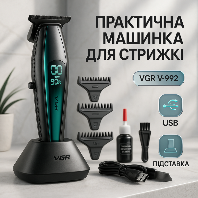 Машинка для стрижки волосся VGR V-992 GREEN з потужним мотором для професійних результатів.
