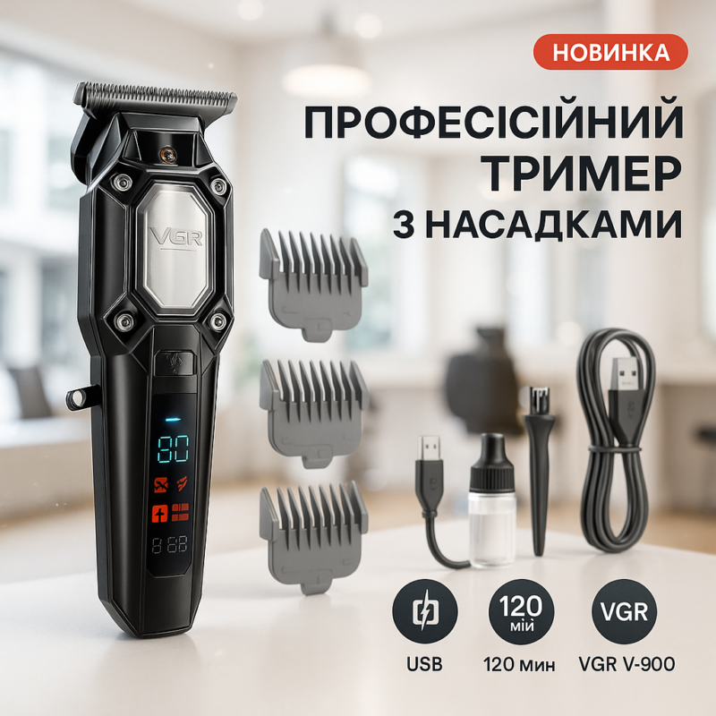 Акумуляторна машинка для стрижки VGR V-900 з дисплеєм — точність та зручність у догляді за волоссям.