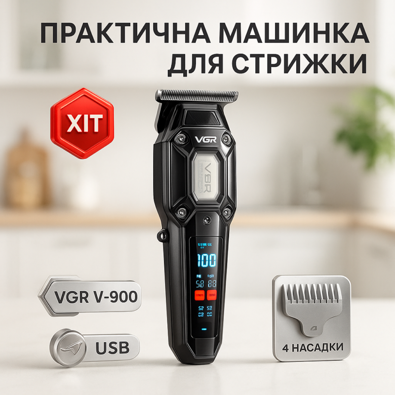 Акумуляторна машинка для стрижки VGR V-900 з дисплеєм — точність та зручність у догляді за волоссям.