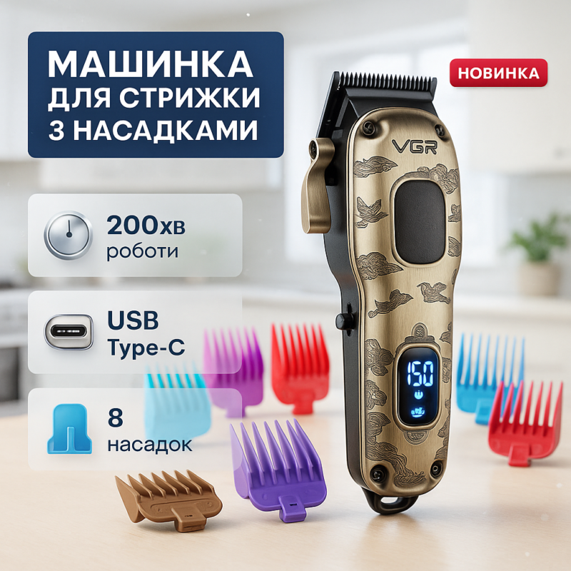 Акумуляторна машинка для стрижки VGR V-027 з тривалою автономністю.