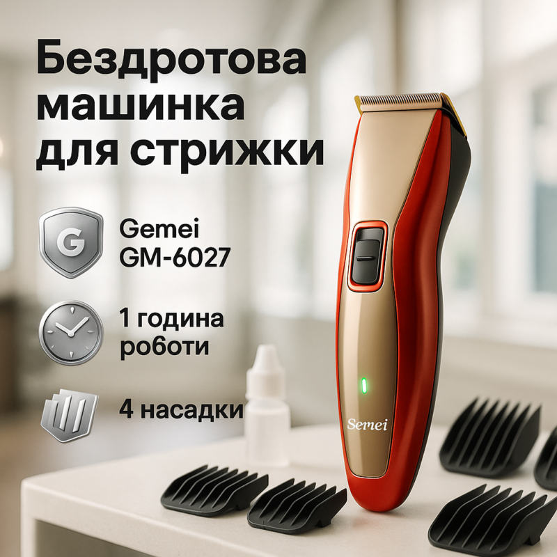 Машинка для стрижки волосся Gemei GM-6027 — практичний триммер для стильного догляду