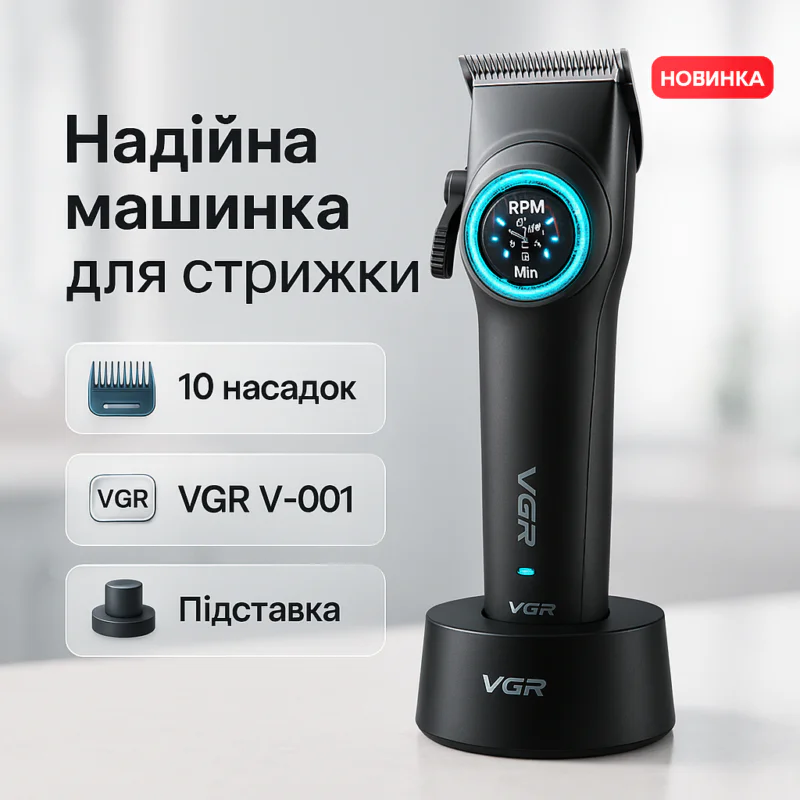 VGR V-001 Професійна машинка для стрижки волосся 9000 об/хв 10 насадок 1,5-24 мм