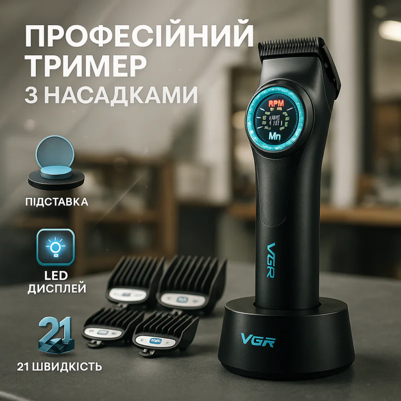 VGR V-001 Професійна машинка для стрижки волосся 9000 об/хв 10 насадок 1,5-24 мм