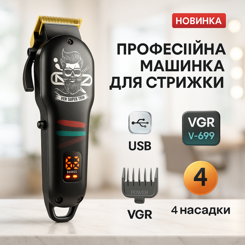 Машинка для стрижки волосся та бороди VGR V-699 з LED дисплеєм для професійного використання