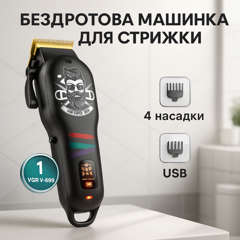 Машинка для стрижки волосся та бороди VGR V-699 з LED дисплеєм для професійного використання
