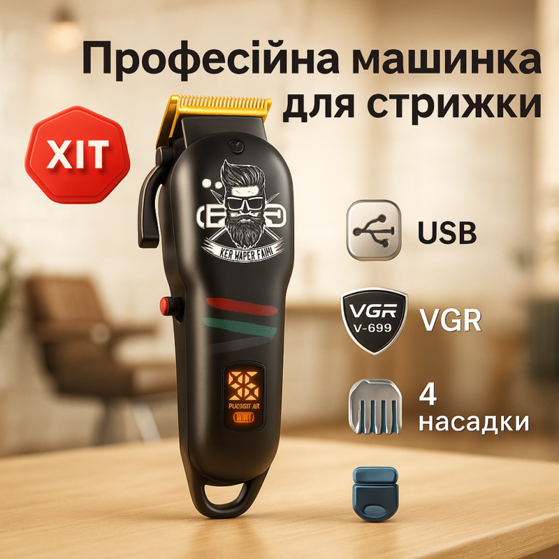 Машинка для стрижки волосся та бороди VGR V-699 з LED дисплеєм для професійного використання
