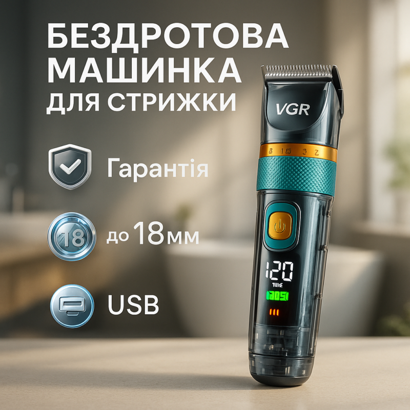 Машинка для стрижки волосся і бороди VGR V-695 з LED дисплеєм і вологозахистом IPX7