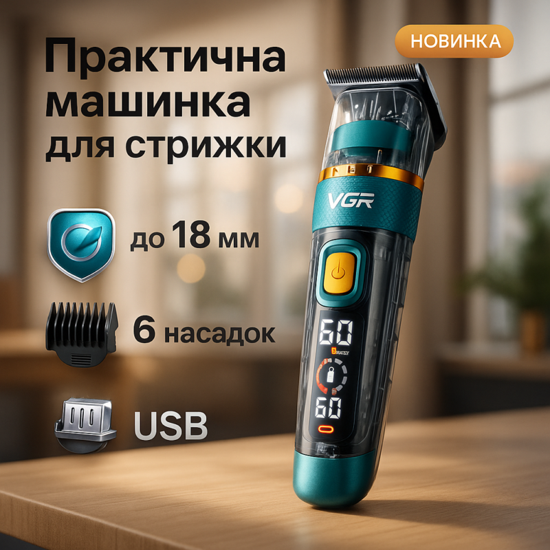 Машинка для стрижки волосся і бороди VGR V-695 з LED дисплеєм і вологозахистом IPX7