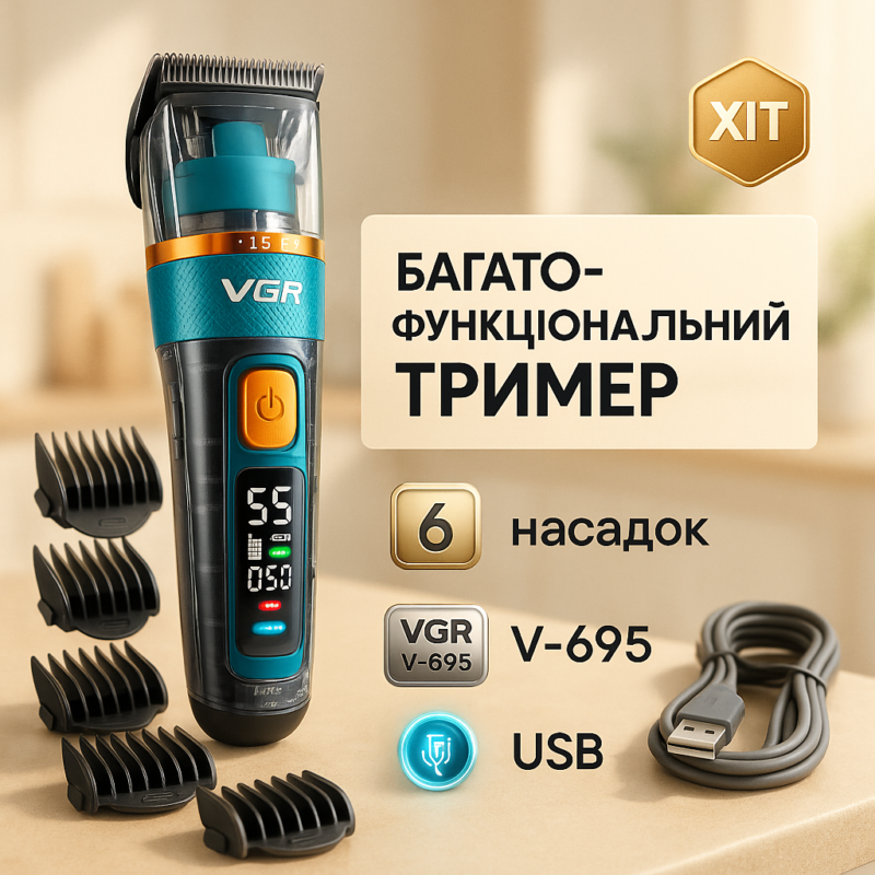 Машинка для стрижки волосся і бороди VGR V-695 з LED дисплеєм і вологозахистом IPX7