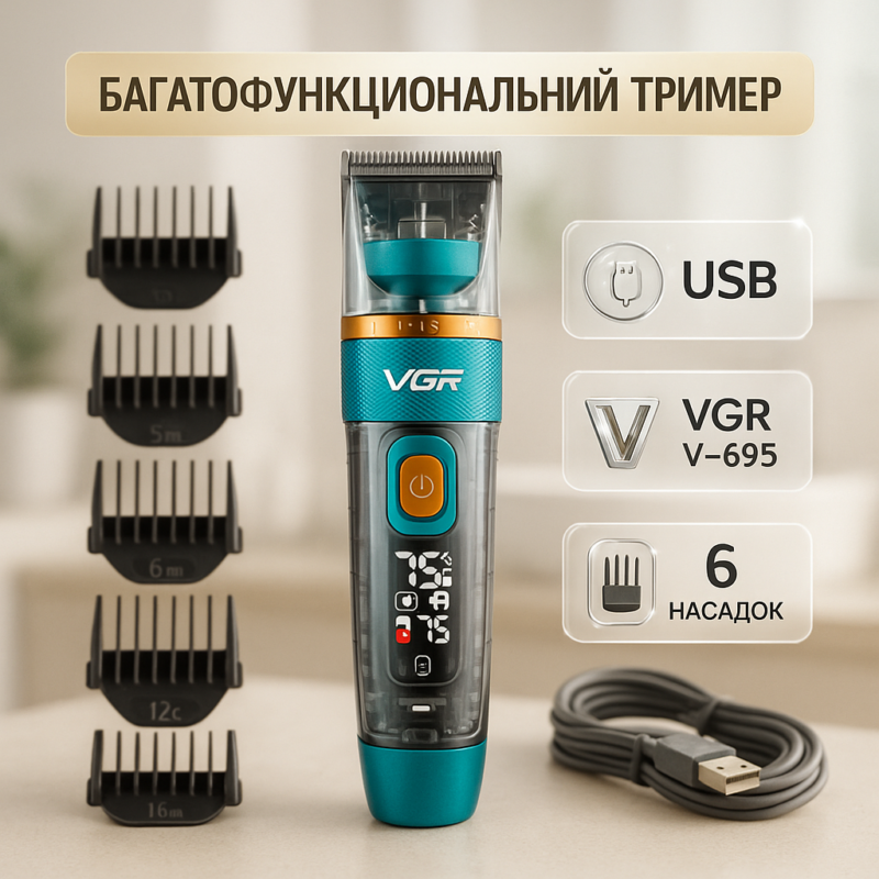 Машинка для стрижки волосся і бороди VGR V-695 з LED дисплеєм і вологозахистом IPX7
