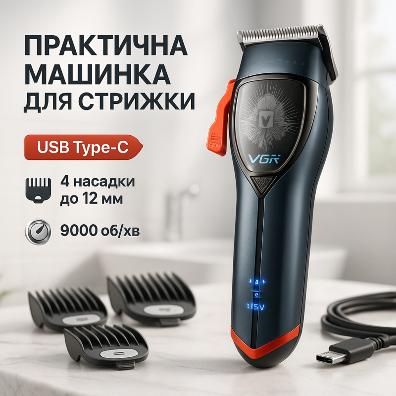 Машинка для стрижки волосся VGR V-647 з акумулятором та насадками для швидкої стрижки вдома.