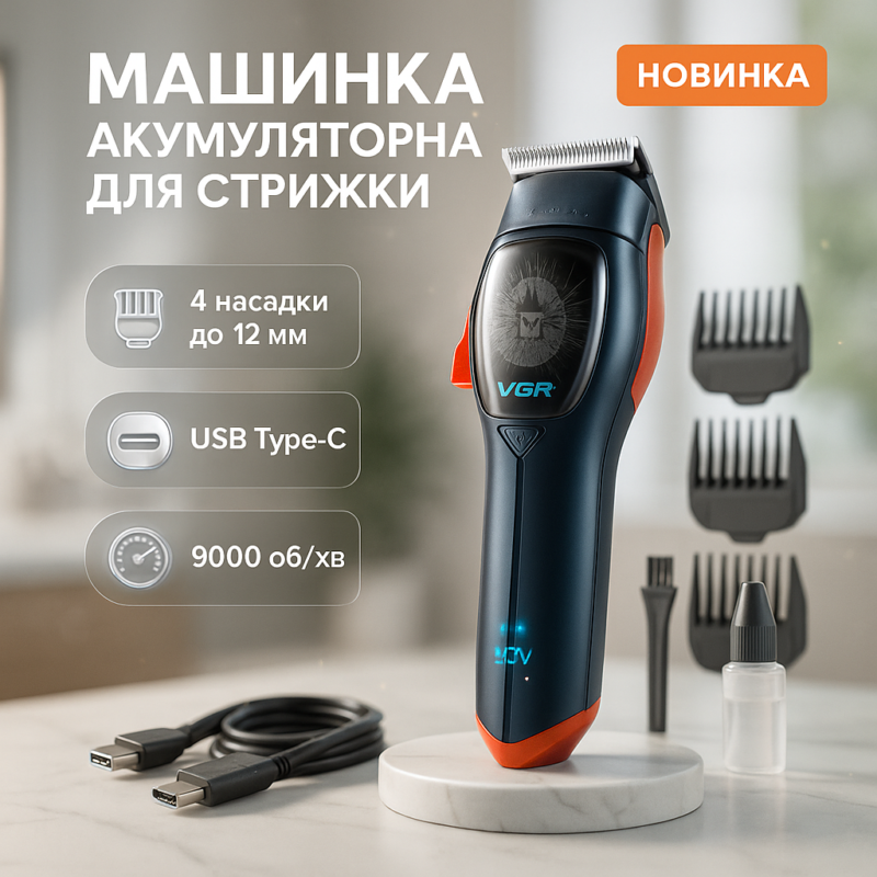 Машинка для стрижки волосся VGR V-647 з акумулятором та насадками для швидкої стрижки вдома.