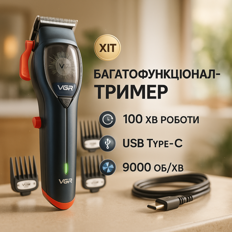 Машинка для стрижки волосся VGR V-647 з акумулятором та насадками для швидкої стрижки вдома.