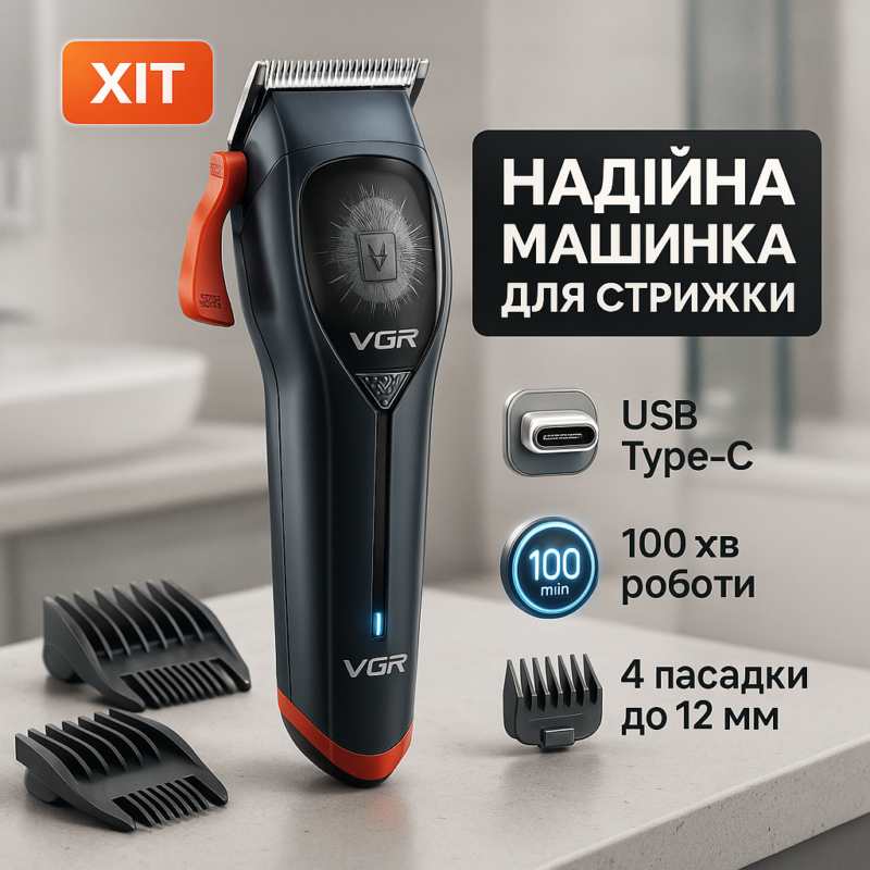 Машинка для стрижки волосся VGR V-647 з акумулятором та насадками для швидкої стрижки вдома.
