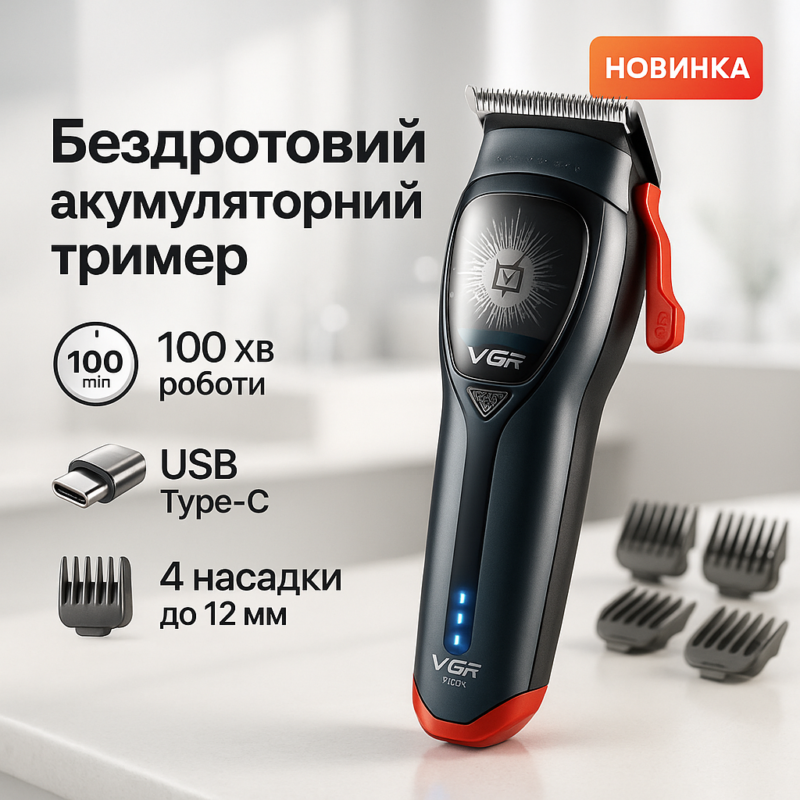 Машинка для стрижки волосся VGR V-647 з акумулятором та насадками для швидкої стрижки вдома.