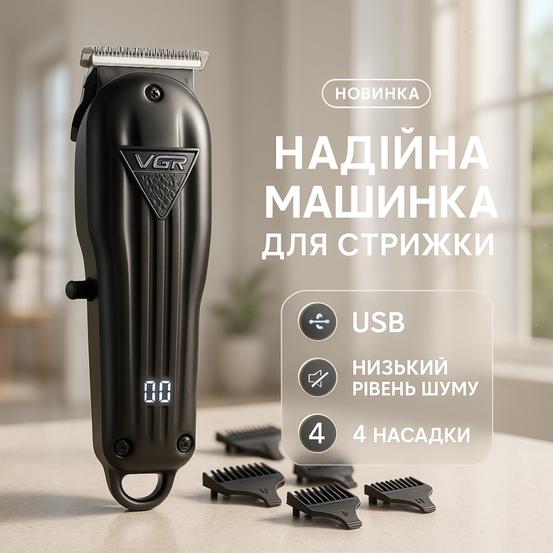 Машинка для стрижки волосся VGR V-982 LED Display — професійний тример з тихою роботою.