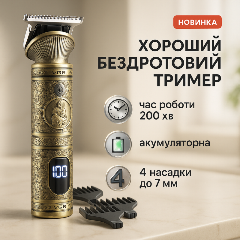 Акумуляторна машинка для стрижки волосся VGR V-962 — тример для бороди та вусів з насадками 1-7 мм для професійного використання.