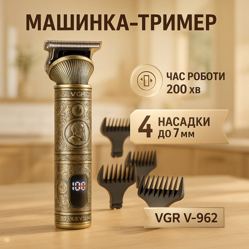 Акумуляторна машинка для стрижки волосся VGR V-962 — тример для бороди та вусів з насадками 1-7 мм для професійного використання.