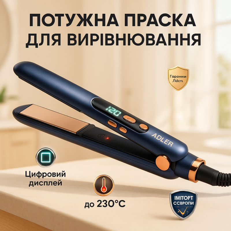Adler AD 2328 — Високоякісний випрямлювач для волосся з титановими пластинами та 5 температурними режимами.
