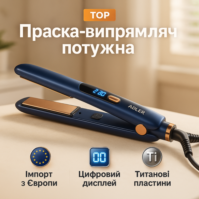 Adler AD 2328 — Високоякісний випрямлювач для волосся з титановими пластинами та 5 температурними режимами.