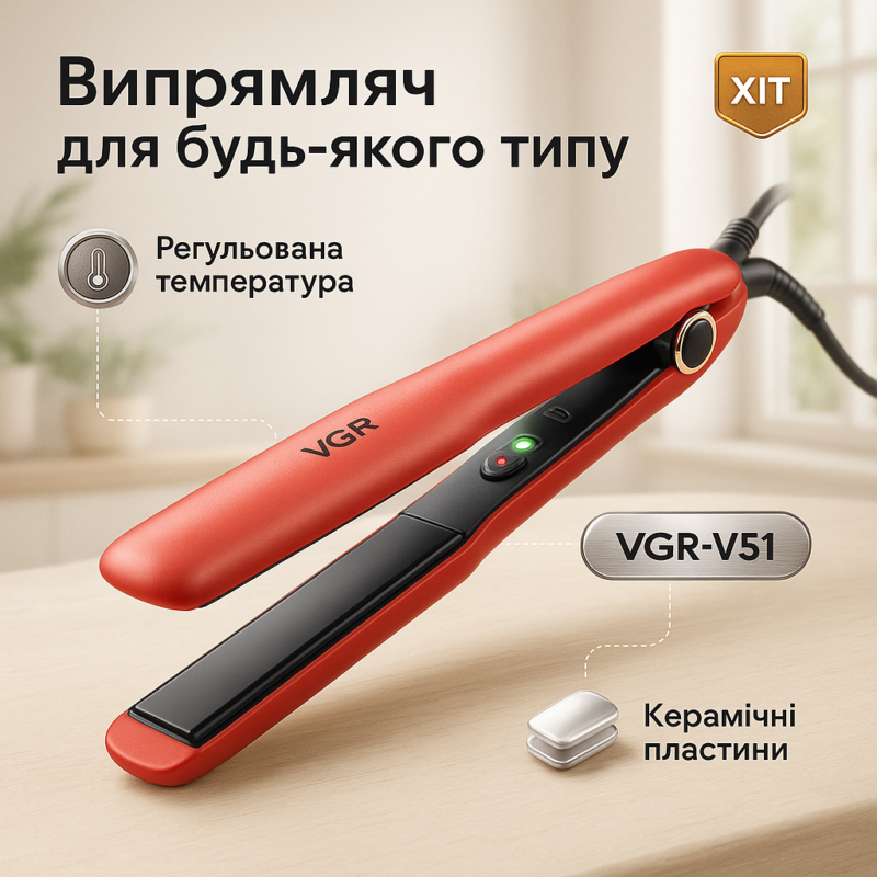 Плойка для волос VGR V-518 RED — професійний інструмент для укладки з керамічними пластинами.