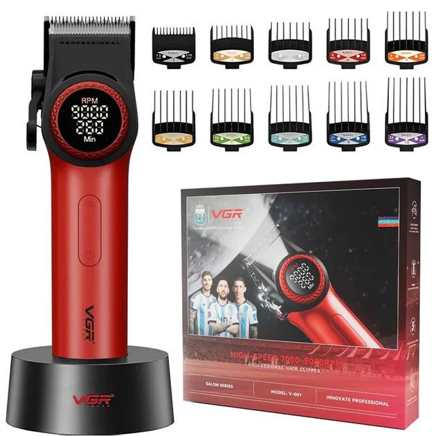 Професійна машинка для стрижки VGR V-001 RED з дисплеєм 9000 об 10 насадками 1,5-24 мм