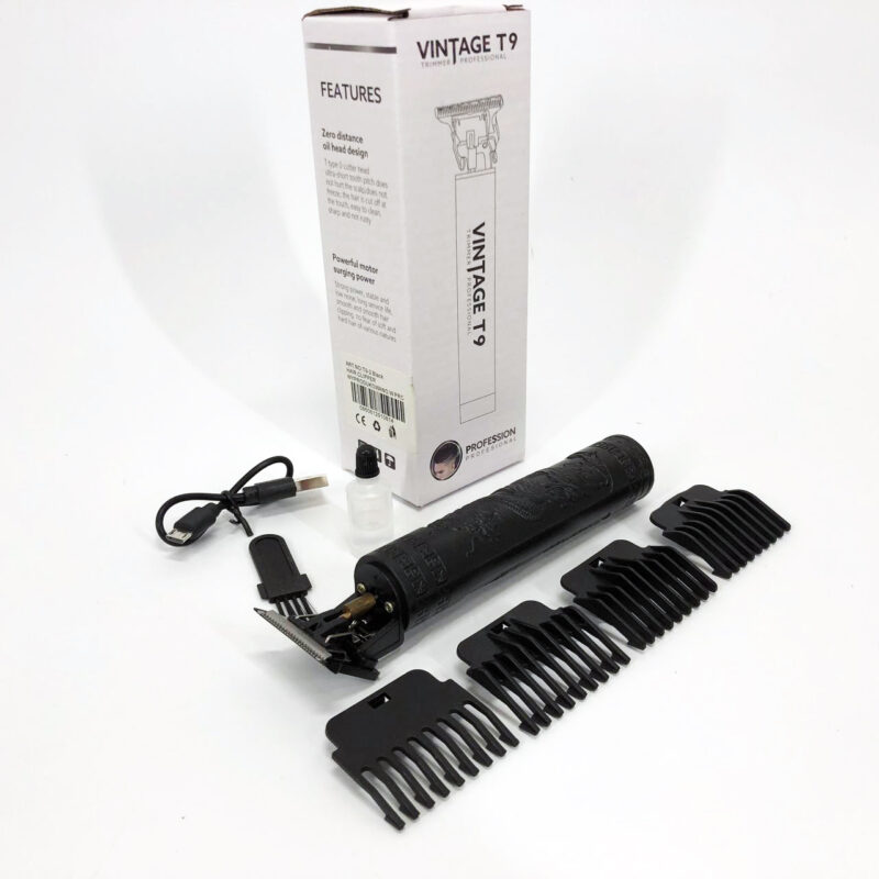 Машинка для стрижки волосся Vintage T9-2 BLACK — бездротовий тример з 4 насадками для ідеальної стрижки.