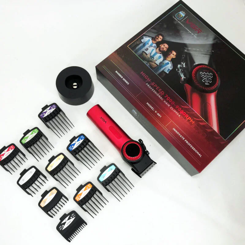 Професійна машинка для стрижки VGR V-001 RED з дисплеєм 9000 об 10 насадками 1,5-24 мм