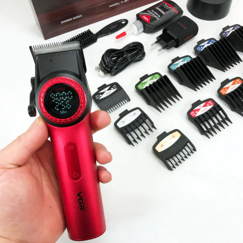 Професійна машинка для стрижки VGR V-001 RED з дисплеєм 9000 об 10 насадками 1,5-24 мм