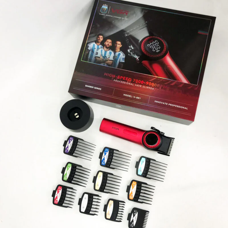 Професійна машинка для стрижки VGR V-001 RED з дисплеєм 9000 об 10 насадками 1,5-24 мм