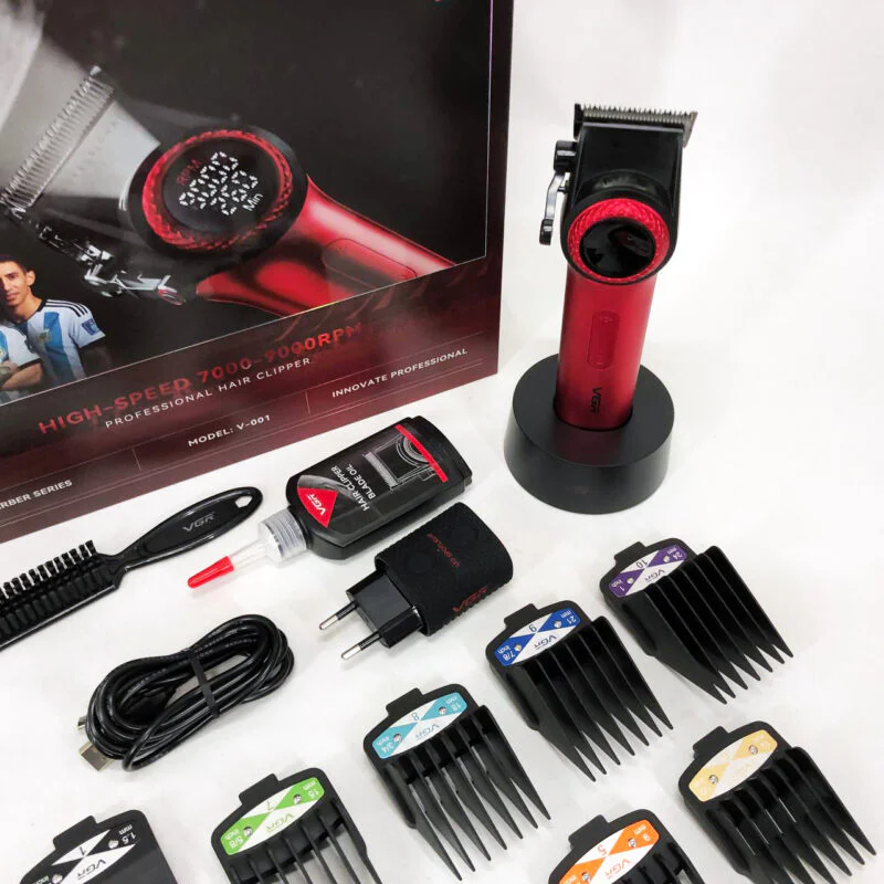 Професійна машинка для стрижки VGR V-001 RED з дисплеєм 9000 об 10 насадками 1,5-24 мм