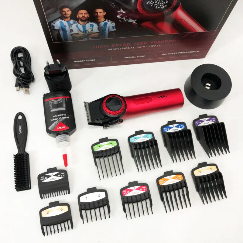 Професійна машинка для стрижки VGR V-001 RED з дисплеєм 9000 об 10 насадками 1,5-24 мм