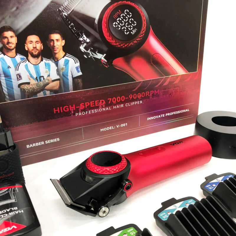 Професійна машинка для стрижки VGR V-001 RED з дисплеєм 9000 об 10 насадками 1,5-24 мм